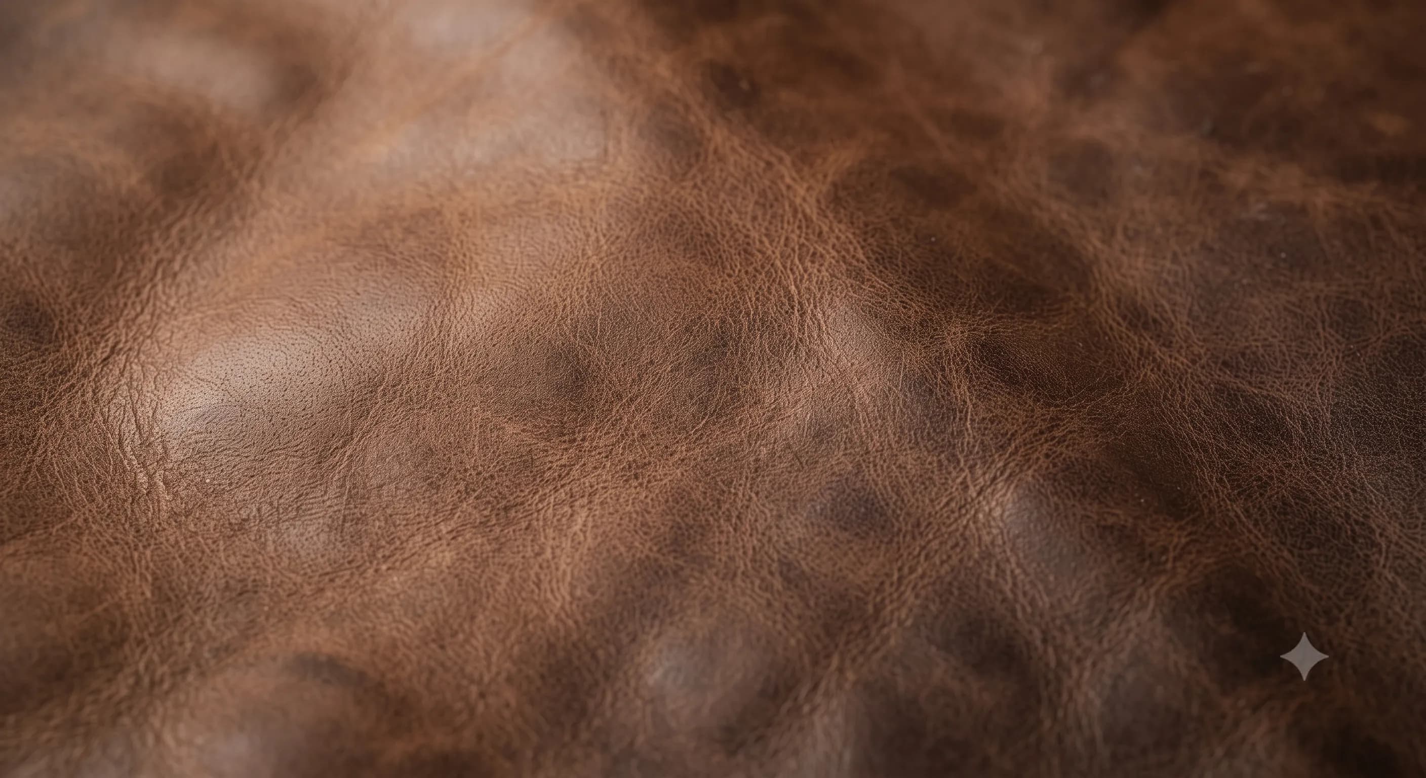 Macro view of naturally patinated leather showing subtle wear and grain.