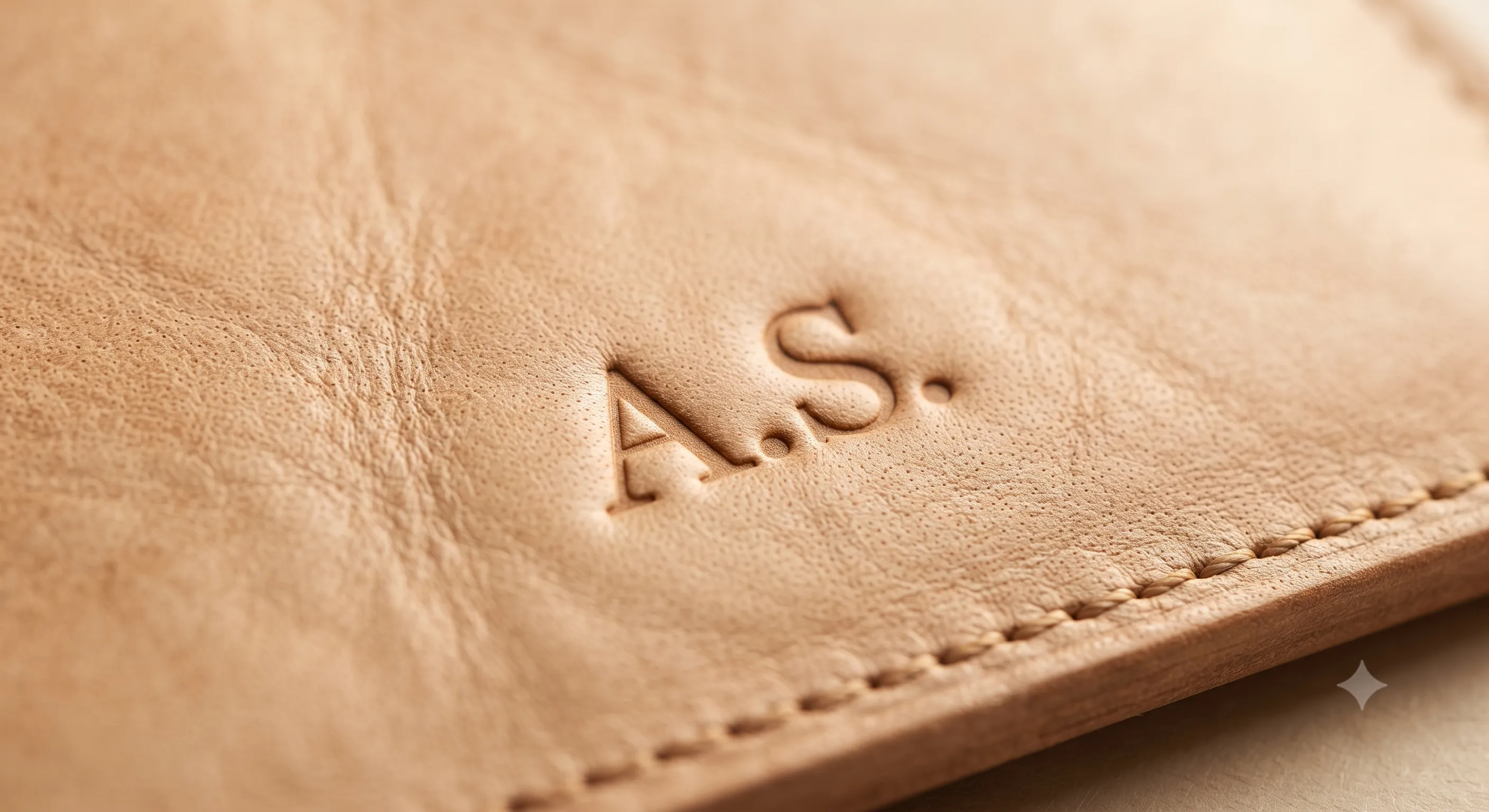 Close-up of natural tan handcrafted leather with subtle personalisation