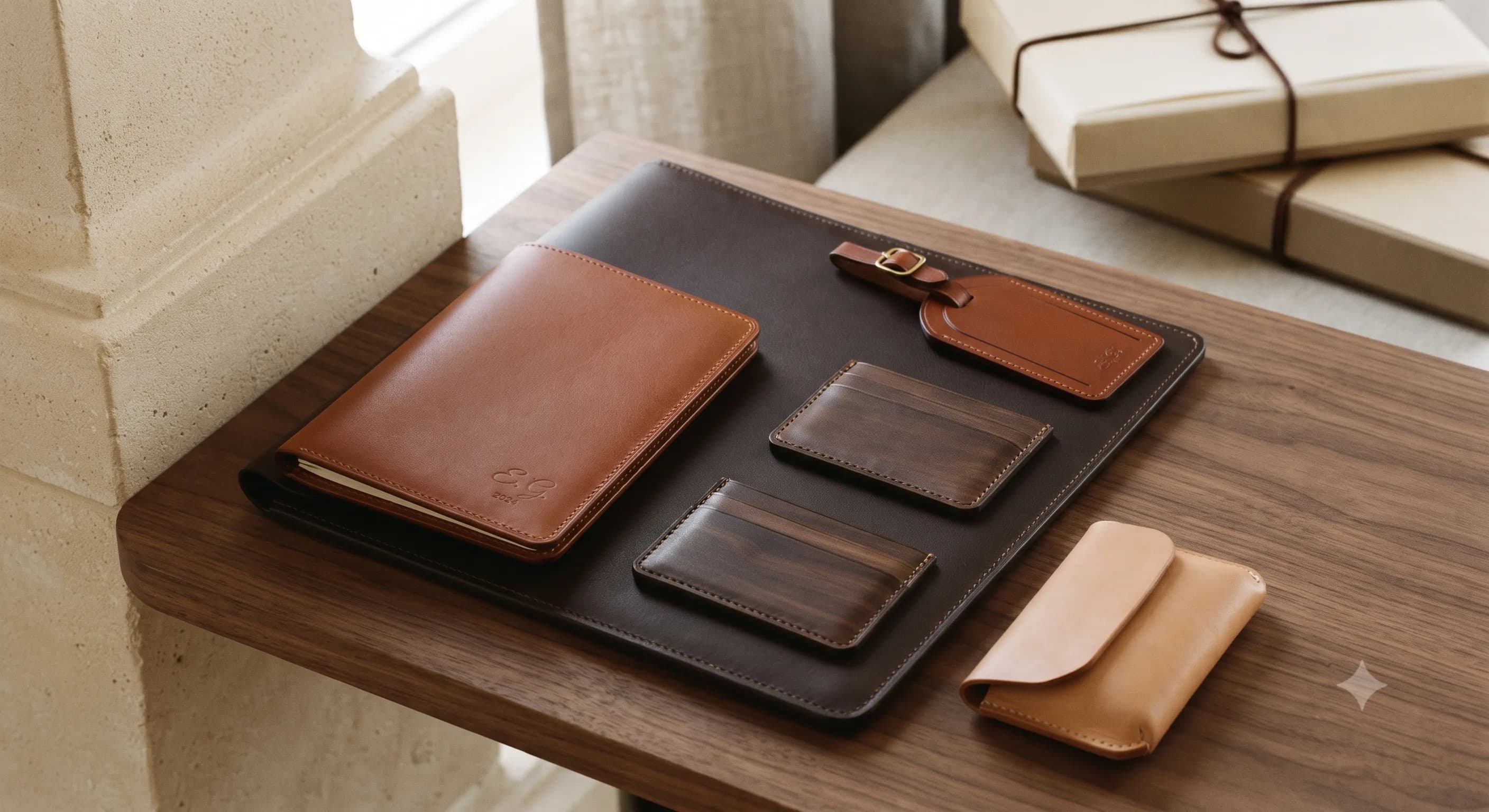 Coordinated handcrafted leather pieces prepared for an event